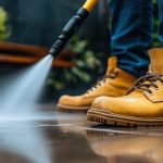 man pressure washing a concrete driveway