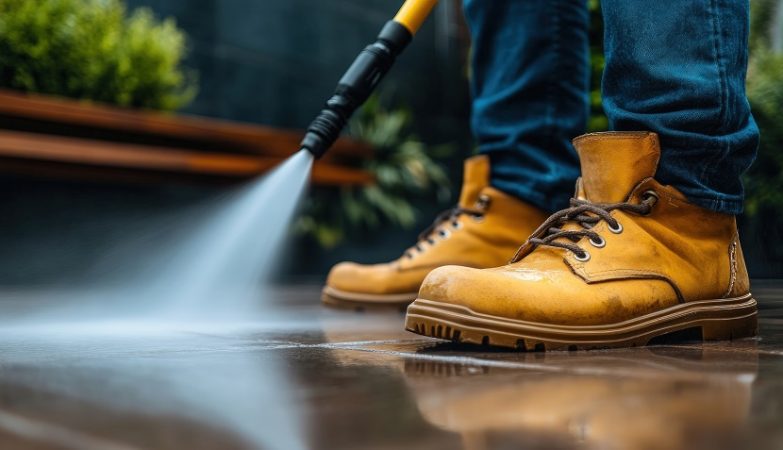 man pressure washing a concrete driveway